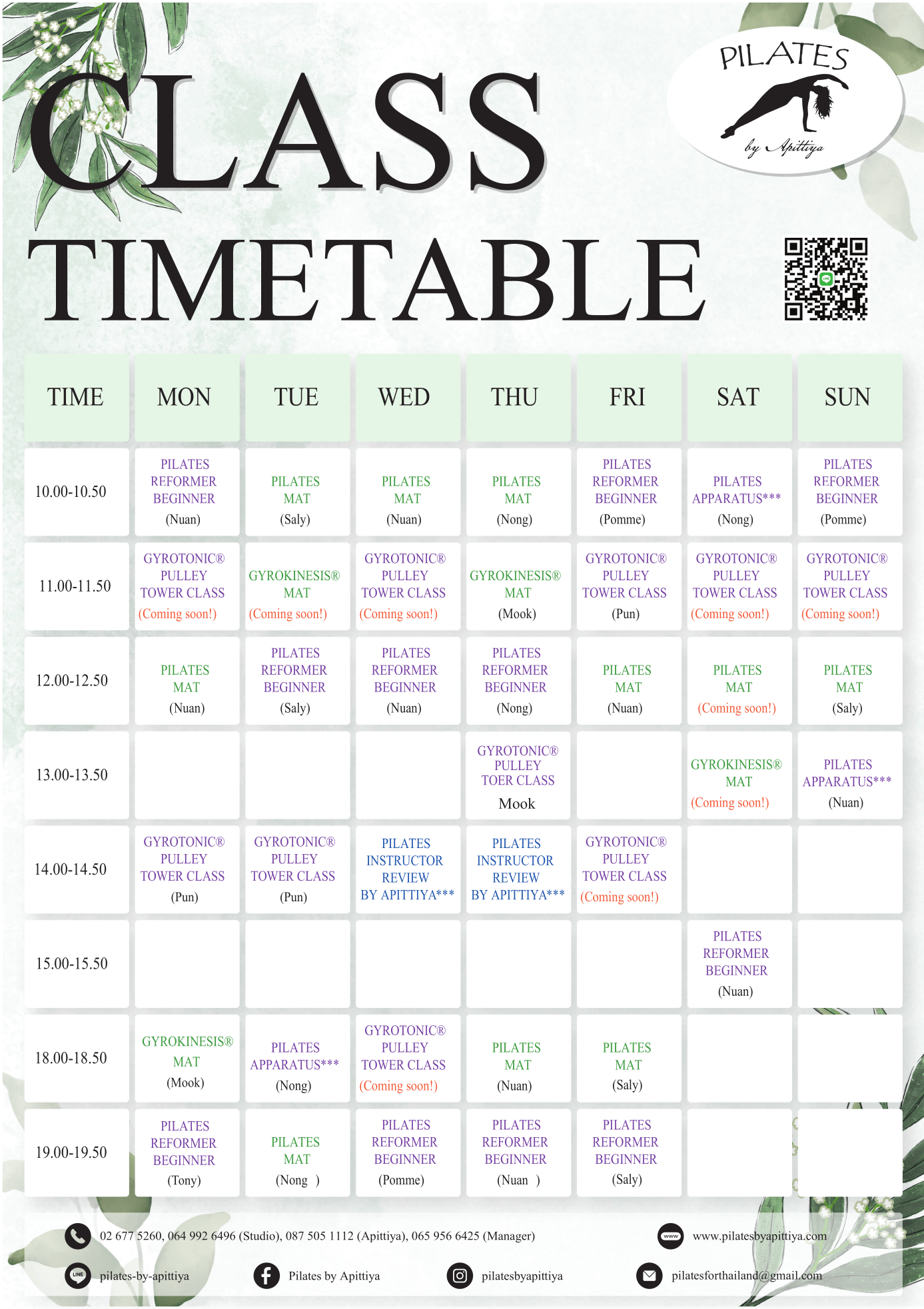 2025 Class Timetables Pilates by Apittiya - Bangkok's Best Pilates Studio